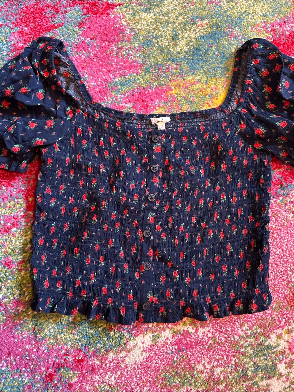 Aerie Smocked Navy Floral Puff-Sleeve Crop Top